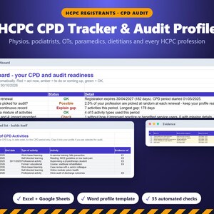 HCPC CPD Tracker & Audit Profile Template, Physiotherapist Podiatrist Paramedic Dietitian Log, Evidence, Dated List, Excel Google Sheets
