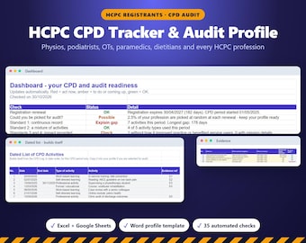 HCPC CPD Tracker & Audit Profile Template, Physiotherapist Podiatrist Paramedic Dietitian Log, Evidence, Dated List, Excel Google Sheets