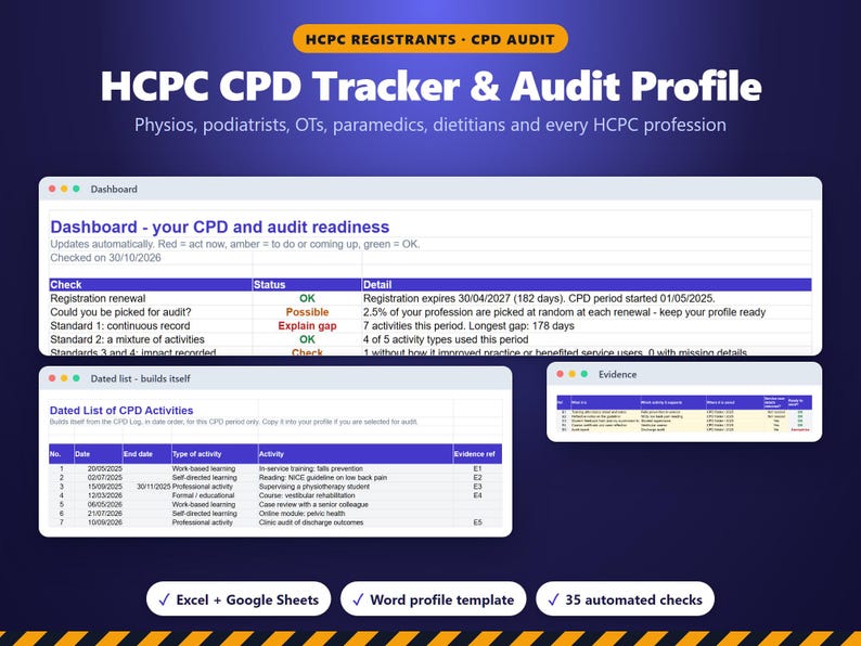 K&ouml;nnte beinhalten: HCPC CPD Tracker & Audit Profile digitales Dashboard f&uuml;r Gesundheitsberufe. Enth&auml;lt eine &Uuml;bersicht zur Audit-Bereitschaft, eine datierte Liste von CPD-Aktivit&auml;ten und ein Nachweisprotokoll. Verf&uuml;gbar als Excel, Google Sheets und Word.