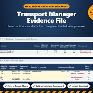 Puede incluir: Una plantilla digital de archivo de evidencia para gestores de transporte con dos tablas de datos: un panel para horas frente a contrato y gu&iacute;a SD3, y un registro de asesoramiento y escalada. Incluye 12 pesta&ntilde;as, compatible con Excel y Google Sheets.