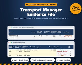 May include: A digital Transport Manager Evidence File template featuring two data tables: a Dashboard for hours against contract and SD3 guide, and an Advice and escalation register. The document includes 12 tabs and is compatible with Excel and Google Sheets.