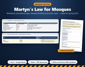 Martyns Gesetz für Moscheen, Compliance-Arbeitsbuch, Verfahren zum Schutz der Öffentlichkeit, Ordnerbriefing, Moscheesicherheit in Großbritannien, Excel und Word