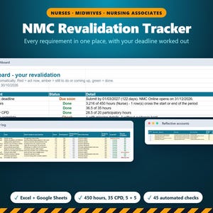 NMC Revalidation Tracker 2026, Nurse CPD Log & Practice Hours, Reflective Accounts, Feedback, Confirmation Checklist, Excel Google Sheets UK