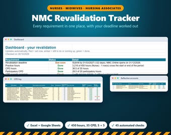 NMC-Revalidierungs-Tracker 2026, Fortbildungsnachweise für Pflegekräfte & Praxisstunden, Reflexionsberichte, Feedback, Bestätigungscheckliste, Excel Google Sheets UK