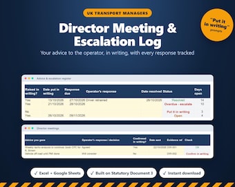 May include: A digital log template titled UK Transport Managers Director Meeting & Escalation Log. It features two tables for tracking advice and resolutions, with text prompts like Put it in writing and status indicators like Resolved, Overdue, and Open.