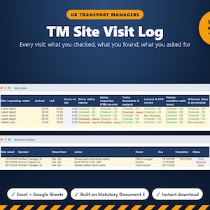 Puede incluir: Una plantilla digital de registro de visitas a sitios TM para gestores de transporte en el Reino Unido. El documento incluye dos tablas: visitas a sitios y seguimiento de acciones, con columnas para inspecciones y estados. Compatible con Excel y Google Sheets.