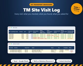 Puede incluir: Una plantilla digital de registro de visitas a sitios TM para gestores de transporte en el Reino Unido. El documento incluye dos tablas: visitas a sitios y seguimiento de acciones, con columnas para inspecciones y estados. Compatible con Excel y Google Sheets.