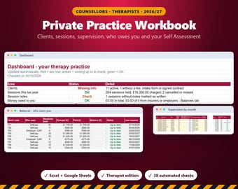 Counsellor Private Practice Workbook 2026/27, Therapist Client & Session Tracker, Supervision Log, CPD, Self Assessment MTD Spreadsheet UK
