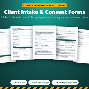 Client Intake & Consent Forms UK, Physio Massage Therapist Intake Form, Treatment Consent, Therapy Contract, GDPR Privacy Notice, Word PDF