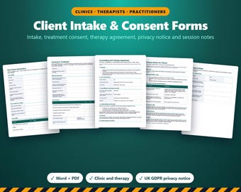 Client Intake & Consent Forms UK, Physio Massage Therapist Intake Form, Treatment Consent, Therapy Contract, GDPR Privacy Notice, Word PDF