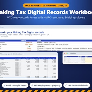 Tabellenkalkulation für die digitale Steuererklärung 2026/27, MTD-Aufzeichnungen für Einzelunternehmer und Vermieter, Quartalsaktualisierungen, Vorlage für Überbrückungssoftware (UK)