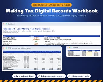 Tabellenkalkulation für die digitale Steuererklärung 2026/27, MTD-Aufzeichnungen für Einzelunternehmer und Vermieter, Quartalsaktualisierungen, Vorlage für Überbrückungssoftware (UK)