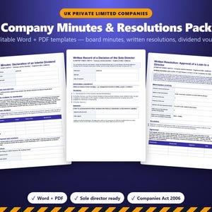 Modèle de procès-verbal de conseil d'administration (Royaume-Uni), Pack de résolutions d'entreprise, Procès-verbal de directeur unique, Bon de dividende, Résolution écrite, Modèle de document Word/PDF pour société à responsabilité limitée image 1