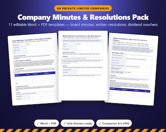 Board Minutes Template UK, Company Resolutions Pack, Sole Director Minutes, Dividend Voucher, Written Resolution, Ltd Company Word PDF