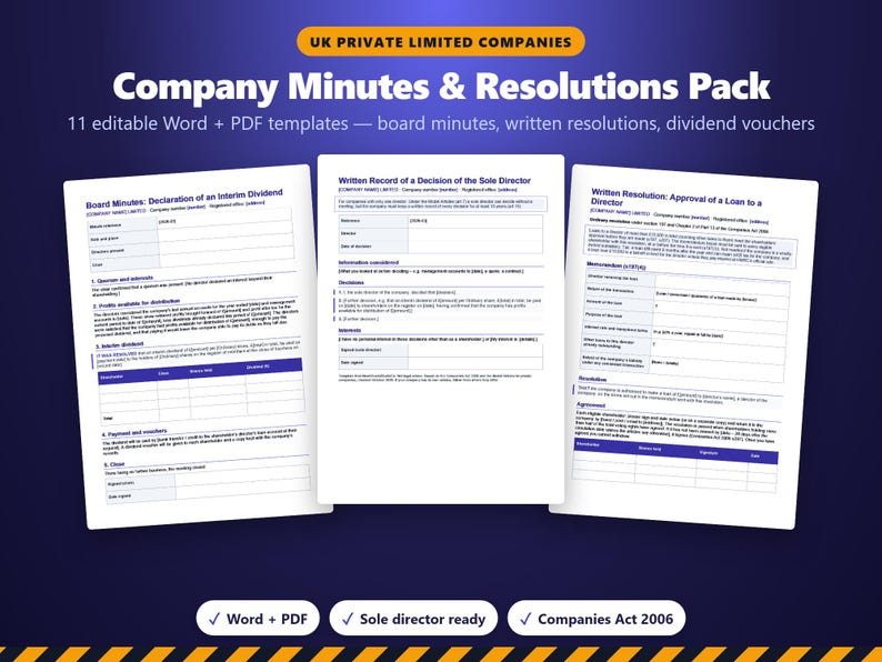 Modèle de procès-verbal de conseil d'administration (Royaume-Uni), Pack de résolutions d'entreprise, Procès-verbal de directeur unique, Bon de dividende, Résolution écrite, Modèle de document Word/PDF pour société à responsabilité limitée image 1