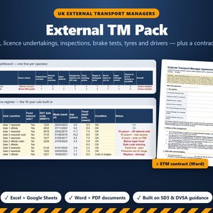 Paquete de gestión de transporte externo, Libro de trabajo de cumplimiento ETM del Reino Unido, Plantilla de contrato, PMI, Neumáticos, SD3, Licencia O, Excel y Word