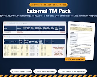 Externes Transportmanager-Paket, Arbeitsbuch zur Einhaltung der ETM-Vorschriften in Großbritannien, Vertragsvorlage, PMI, Reifen, SD3, Betriebserlaubnis, Excel und Word