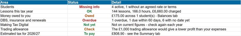 Private Tutor Business Workbook 2026/27, Lesson Log & Student Fees Tracker, DBS Renewals, Self Assessment and MTD Tax Spreadsheet UK image 2
