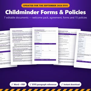 Formular- und Richtlinienpaket für Tagesmütter/-väter, Willkommenspaket gemäß EYFS 2026, Elternvertrag, Anmeldeformulare, Unfall- und Medikamentenformulare, bearbeitbare Word-Datei (UK)