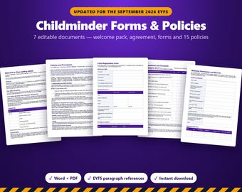 Formular- und Richtlinienpaket für Tagesmütter/-väter, Willkommenspaket gemäß EYFS 2026, Elternvertrag, Anmeldeformulare, Unfall- und Medikamentenformulare, bearbeitbare Word-Datei (UK)
