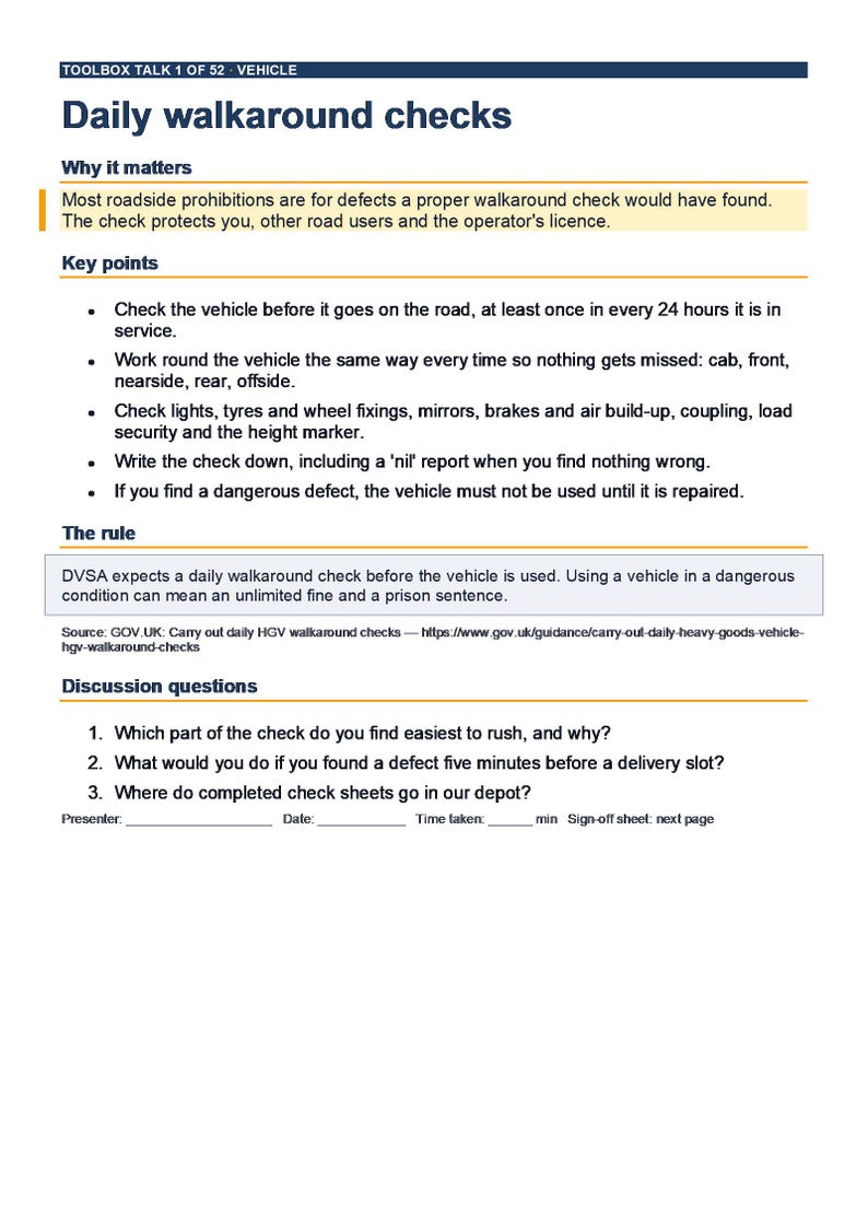52 Toolbox Talks for HGV and Van Drivers, UK Transport Manager Driver Training, Sign-Off Sheets, Register, Word, PDF, Excel image 2
