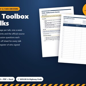 52 Toolbox Talks for HGV and Van Drivers, UK Transport Manager Driver Training, Sign-Off Sheets, Register, Word, PDF, Excel image 1