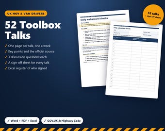 52 Toolbox-Talks für Lkw- und Transporterfahrer, Fahrertraining für britische Transportmanager, Abnehmformulare, Register, Word, PDF, Excel