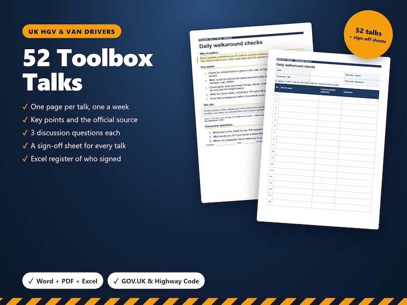 52 Toolbox Talks for HGV and Van Drivers, UK Transport Manager Driver Training, Sign-Off Sheets, Register, Word, PDF, Excel image 1