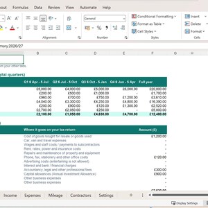 May include: A digital spreadsheet titled Tax Summary 2026/27 displaying quarterly financial data, including gross income, business expenses, and profit calculations categorised by HMRC Making Tax Digital quarters and categories.