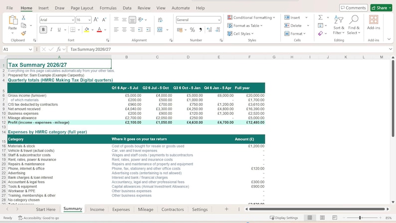 May include: A digital spreadsheet titled Tax Summary 2026/27 displaying quarterly financial data, including gross income, business expenses, and profit calculations categorised by HMRC Making Tax Digital quarters and categories.