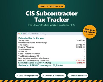Rastreador de impuestos CIS 2026/27 Reino Unido, hoja de cálculo para subcontratistas, calculadora de reembolsos CIS, construcción para autónomos, Excel y Google Sheets