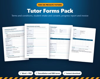 Formularpaket für Nachhilfelehrer (UK), Allgemeine Geschäftsbedingungen für Nachhilfe, Stornierungsbedingungen, Anmelde- und Einverständnisformular für Schüler, Fortschrittsbericht, Rechnung, Word-PDF