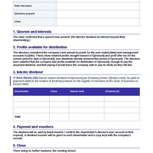 Modèle de procès-verbal de conseil d'administration (Royaume-Uni), Pack de résolutions d'entreprise, Procès-verbal de directeur unique, Bon de dividende, Résolution écrite, Modèle de document Word/PDF pour société à responsabilité limitée image 2