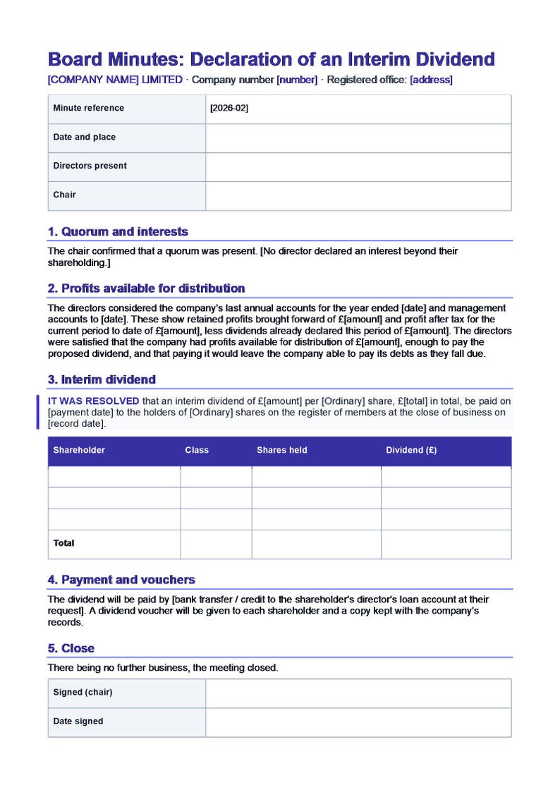 Modèle de procès-verbal de conseil d'administration (Royaume-Uni), Pack de résolutions d'entreprise, Procès-verbal de directeur unique, Bon de dividende, Résolution écrite, Modèle de document Word/PDF pour société à responsabilité limitée image 2