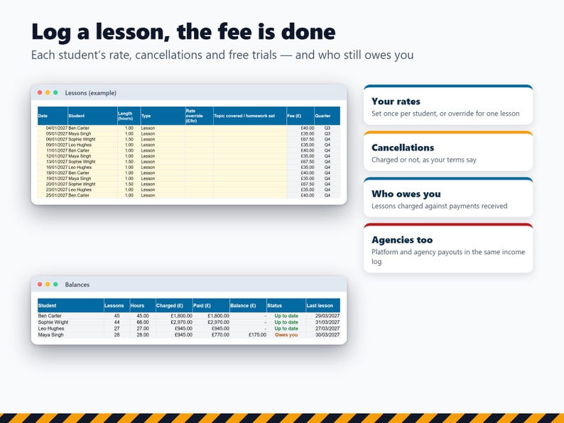 Private Tutor Business Workbook 2026/27, Lesson Log & Student Fees Tracker, DBS Renewals, Self Assessment and MTD Tax Spreadsheet UK image 3