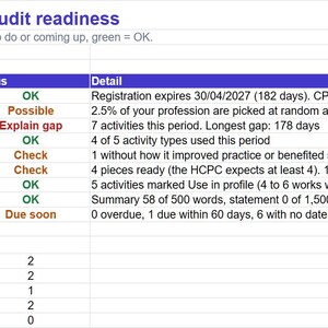K&ouml;nnte beinhalten: Ein digitales Dashboard mit dem Titel Dashboard - your CPD and audit readiness, das eine Tabelle mit den Spalten Check, Status und Detail anzeigt. Es verfolgt die berufliche Registrierung, Audit-Risiken und Aktivit&auml;tsstandards mit farbcodierten Statusanzeigen.