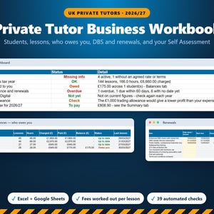 Private Tutor Business Workbook 2026/27, Lesson Log & Student Fees Tracker, DBS Renewals, Self Assessment and MTD Tax Spreadsheet UK image 1