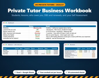 Arbeitsbuch für Privatlehrer 2026/27, Unterrichtsprotokoll & Gebührenübersicht, DBS-Verlängerungen, Selbstveranlagung und MTD-Steuertabelle (UK)