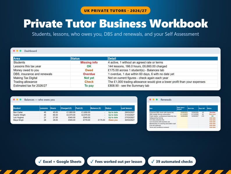 Private Tutor Business Workbook 2026/27, Lesson Log & Student Fees Tracker, DBS Renewals, Self Assessment and MTD Tax Spreadsheet UK image 1