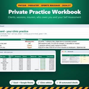 Private Practice Workbook 2026/27, Physio Podiatry & Sports Massage Clinic Clients, Insurer Payments, Self Assessment MTD Spreadsheet UK