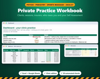 Private Practice Workbook 2026/27, Physio Podiatry & Sports Massage Clinic Clients, Insurer Payments, Self Assessment MTD Spreadsheet UK