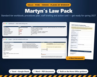 Martyns Rechtspaket, Standard-Tier-Compliance-Arbeitsbuch, Verfahren zum Schutz der Öffentlichkeit, Mitarbeiterunterweisung, Sicherheit an Veranstaltungsorten in Großbritannien, Excel und Word
