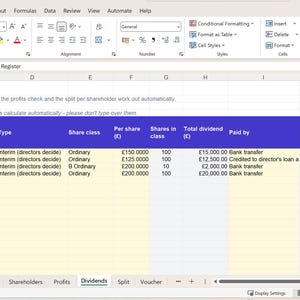 Vorlage und Übersicht für Dividendenbelege 2026/27, Protokolle der Aufsichtsratssitzungen, Dividendensteuerrechner, Tabellenkalkulation für Geschäftsführer von Kapitalgesellschaften (UK) Bild 2