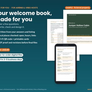May include: A digital service advertisement for custom welcome books featuring text on a dark teal background, displaying a smartphone and two printed document pages with the title Juniper Hollow Cabin and a local guide section.