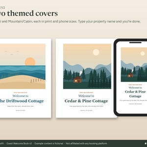 Puede incluir: Dos portadas tem&aacute;ticas para libros de bienvenida de hu&eacute;spedes con dise&ntilde;os costeros y de monta&ntilde;a. La portada costera muestra una escena de playa con el texto The Driftwood Cottage. La portada de monta&ntilde;a y la pantalla del tel&eacute;fono muestran una caba&ntilde;a con el texto Cedar & Pine Cottage.