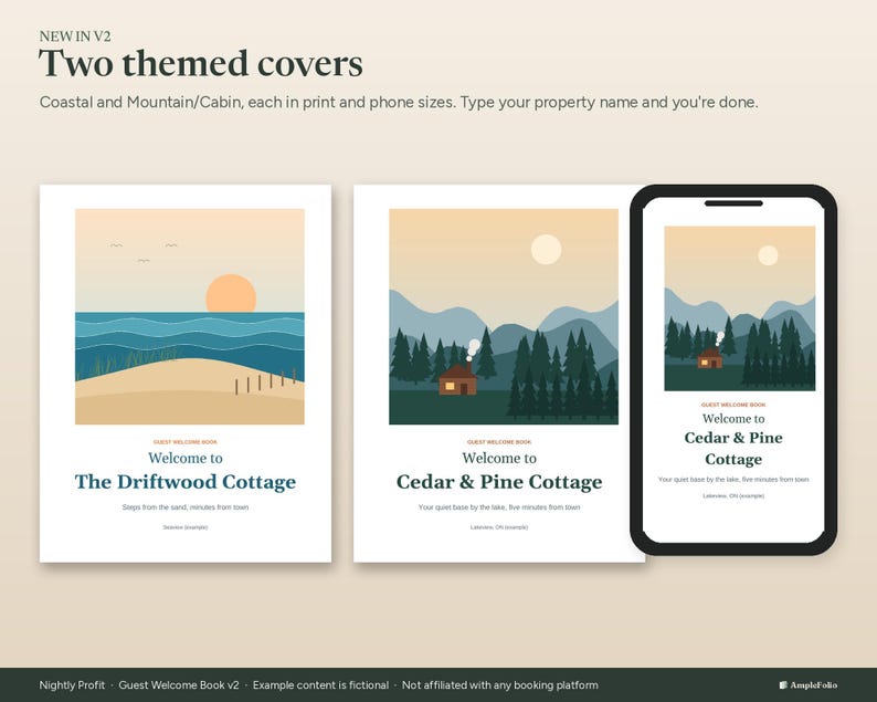 Puede incluir: Dos portadas tem&aacute;ticas para libros de bienvenida de hu&eacute;spedes con dise&ntilde;os costeros y de monta&ntilde;a. La portada costera muestra una escena de playa con el texto The Driftwood Cottage. La portada de monta&ntilde;a y la pantalla del tel&eacute;fono muestran una caba&ntilde;a con el texto Cedar & Pine Cottage.