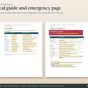 Puede incluir: Un documento de dos p&aacute;ginas titulado Local guide and emergency page. La p&aacute;gina izquierda presenta una tabla Local guide con categor&iacute;as como Coffee y Groceries. La p&aacute;gina derecha enumera Safety & emergencies con instrucciones.