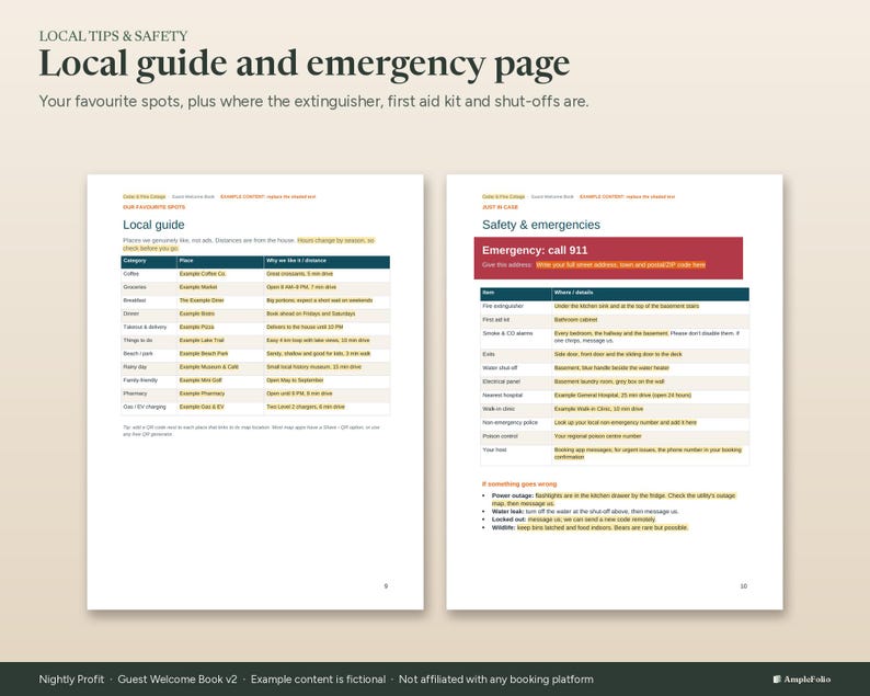 Puede incluir: Un documento de dos p&aacute;ginas titulado Local guide and emergency page. La p&aacute;gina izquierda presenta una tabla Local guide con categor&iacute;as como Coffee y Groceries. La p&aacute;gina derecha enumera Safety & emergencies con instrucciones.