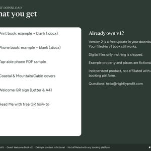 Puede incluir: Un gr&aacute;fico de informaci&oacute;n de producto digital en verde oscuro titulado Instant Download What you get. Enumera seis elementos, incluidos libros impresos y telef&oacute;nicos en formato .docx, un PDF interactivo, portadas, un letrero QR y una gu&iacute;a de uso.