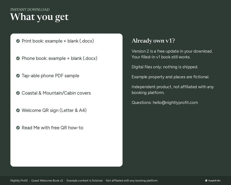 Puede incluir: Un gr&aacute;fico de informaci&oacute;n de producto digital en verde oscuro titulado Instant Download What you get. Enumera seis elementos, incluidos libros impresos y telef&oacute;nicos en formato .docx, un PDF interactivo, portadas, un letrero QR y una gu&iacute;a de uso.